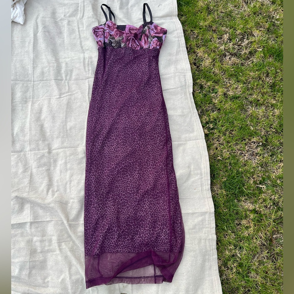 Purple floral and cheetah print mesh dress
